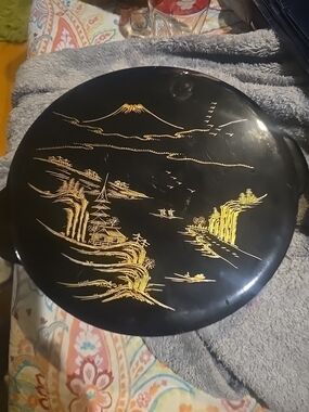 Black Lacquer Tray with Gold Scenic Asian Motif